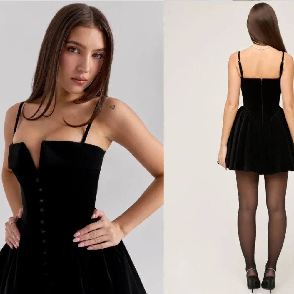 HOUSE OF CB 'Selina' Black Velvet Tulle Mini Dress NWOT - Picture 2 of 7